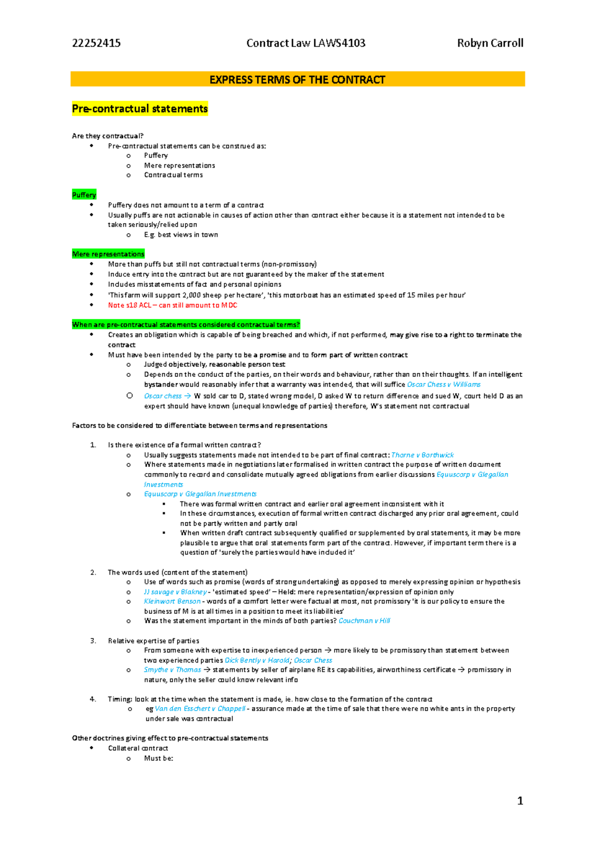 Exam-Notes-Contract - Full set of notes. - EXPRESS TERMS OF THE ...