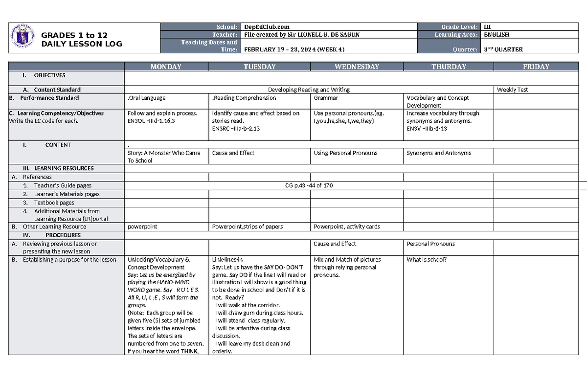 DLL English-3 Q3 W4 - GRADES 1 to 12 DAILY LESSON LOG School: DepEdClub ...