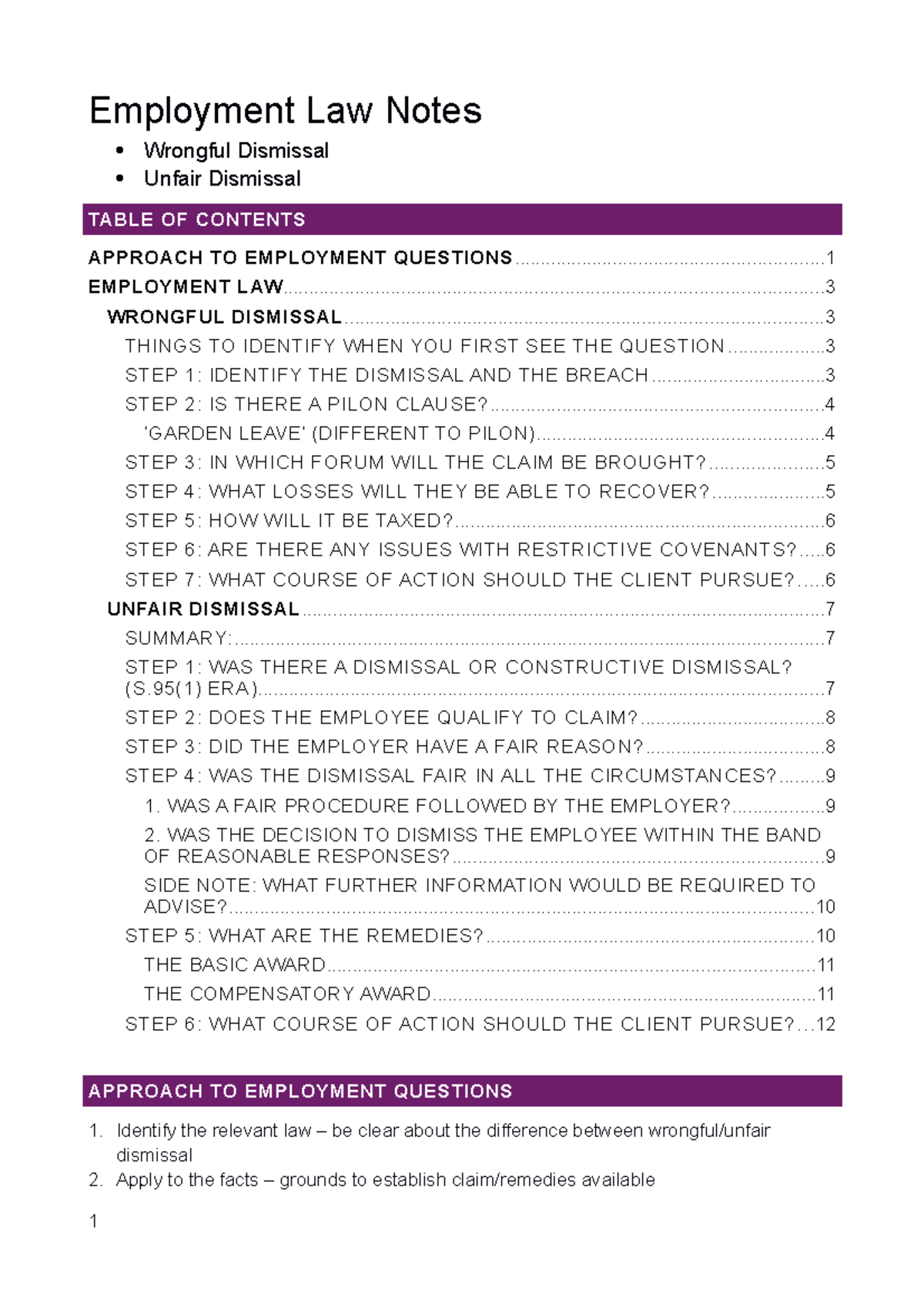 CT Employment Law Notes - Employment Law Notes Wrongful Dismissal ...