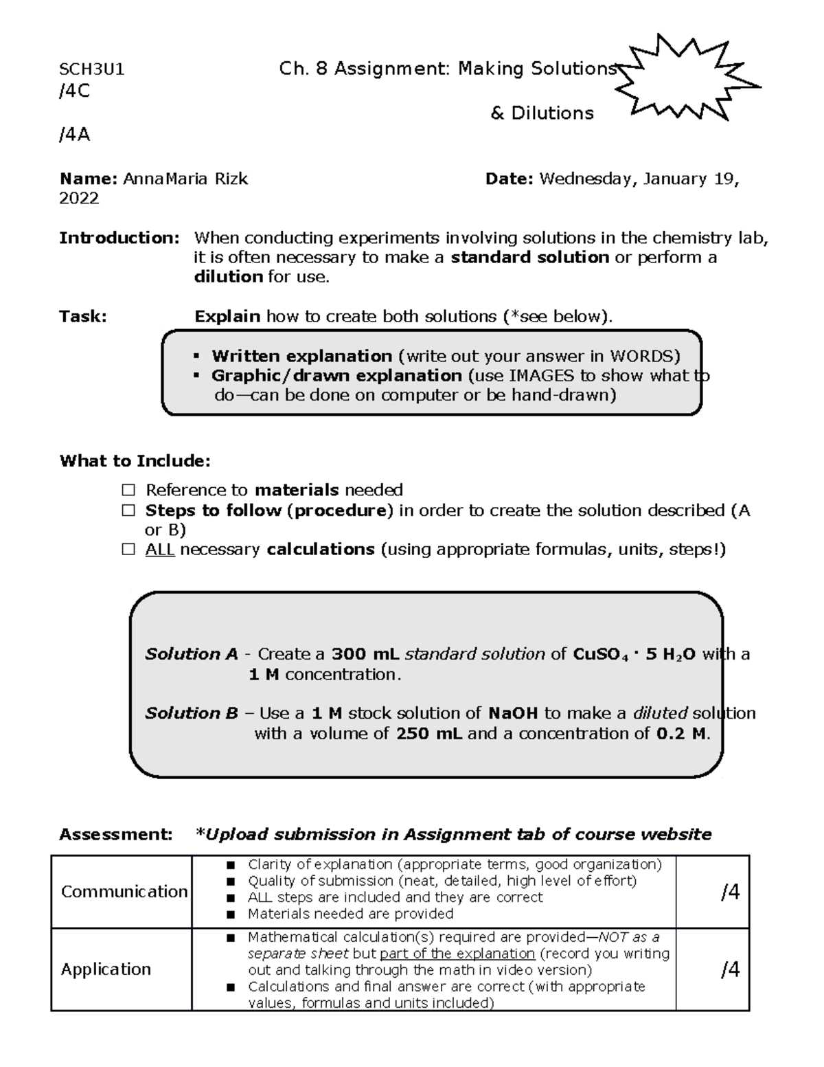 SCH3U1 LAB Assignment Making Solutions Dilutions, AR CHEM1130