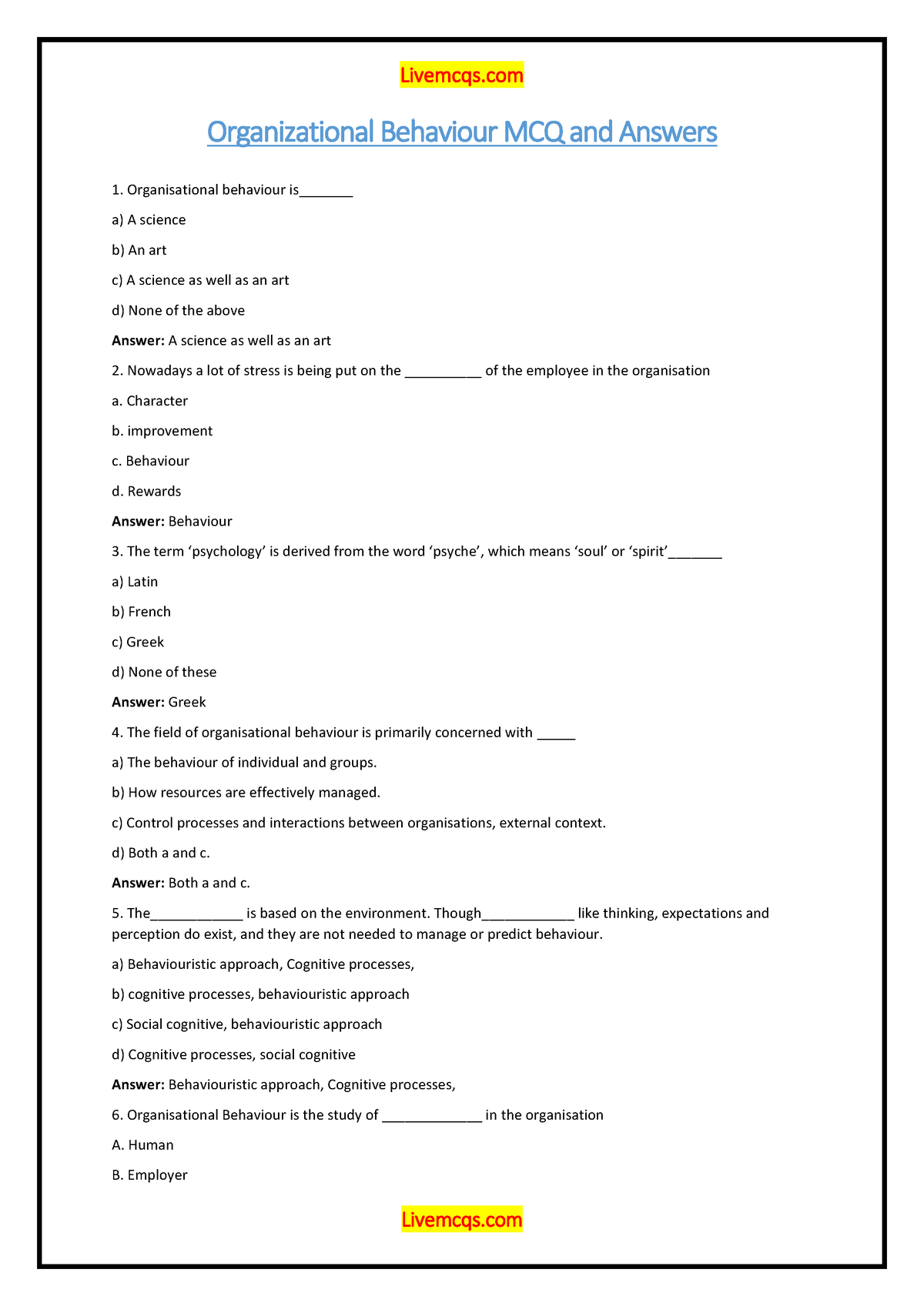 Organizational Behaviour MCQ And Answers PDF - Organizational Behaviour ...