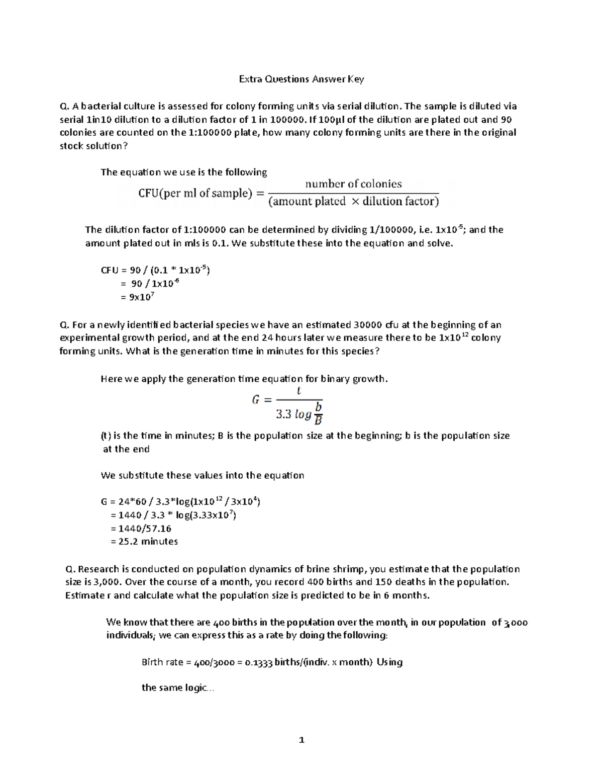 Extra calculations answers - 1 Extra Questions Answer Key Q. A ...