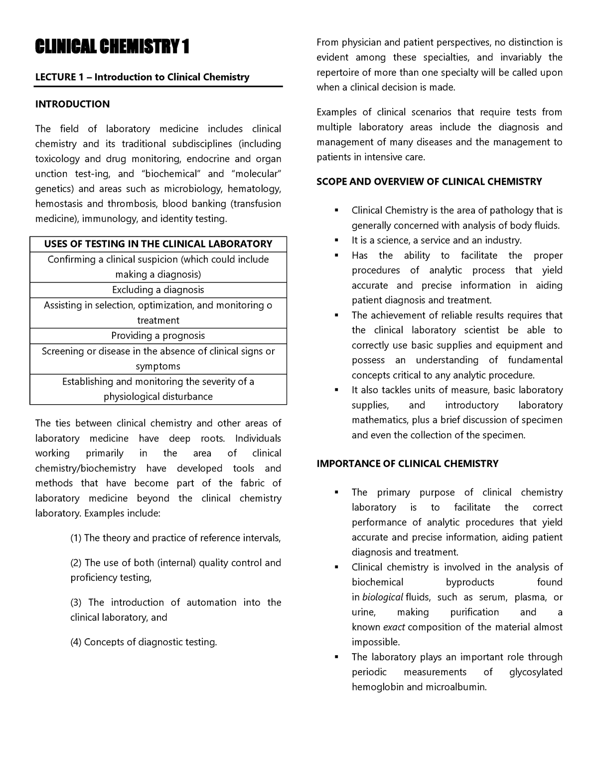 Lecture 1 Introduction to Clinical Chemistry Studocu