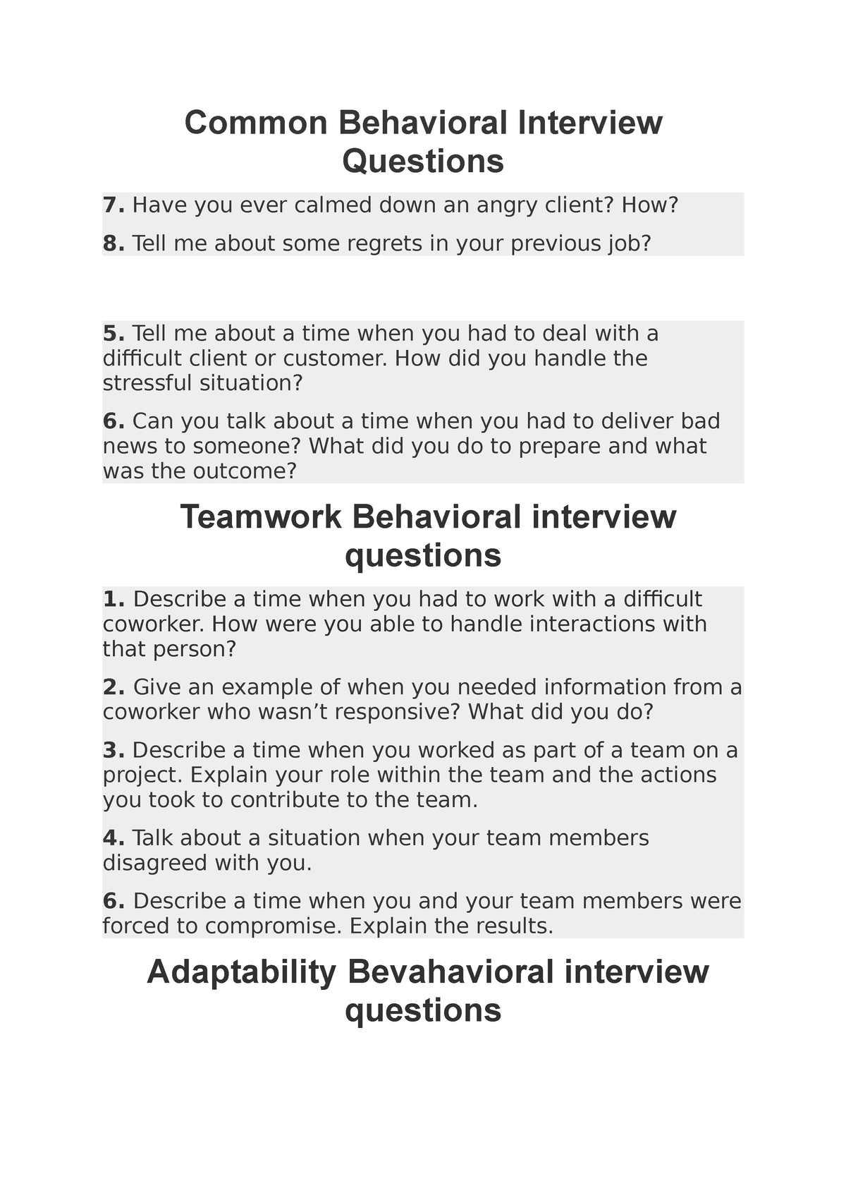 Common Behavioral Interview Questions 1 - Common Behavioral Interview ...