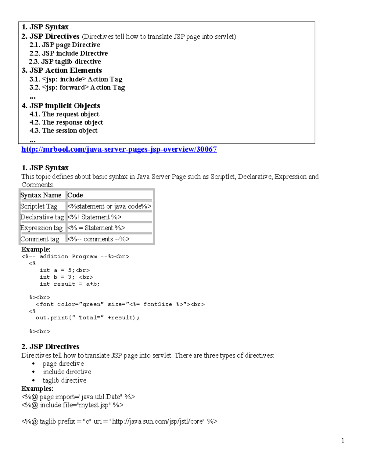 JSP summary - 1. JSP Syntax 2. JSP Directives (Directives tell how to ...