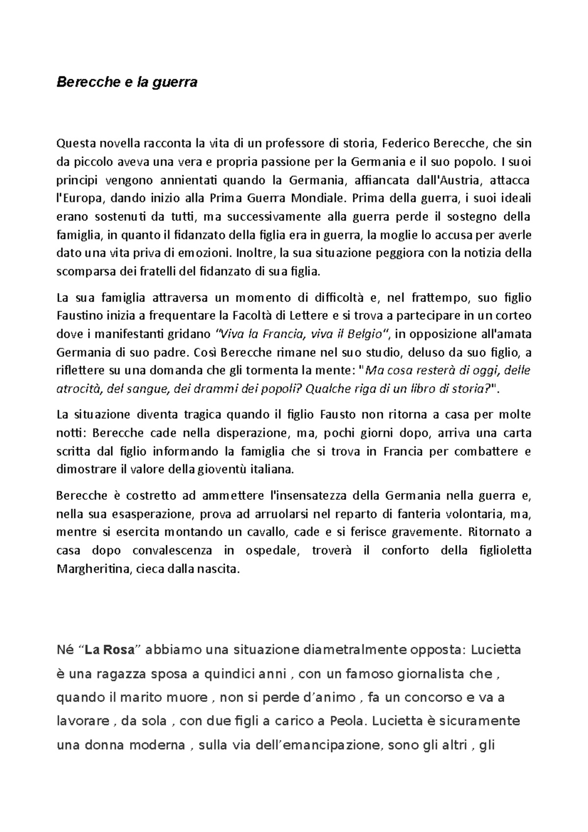 Berecche e la guerra novella Letteratura Italiana Uniecampus Studocu