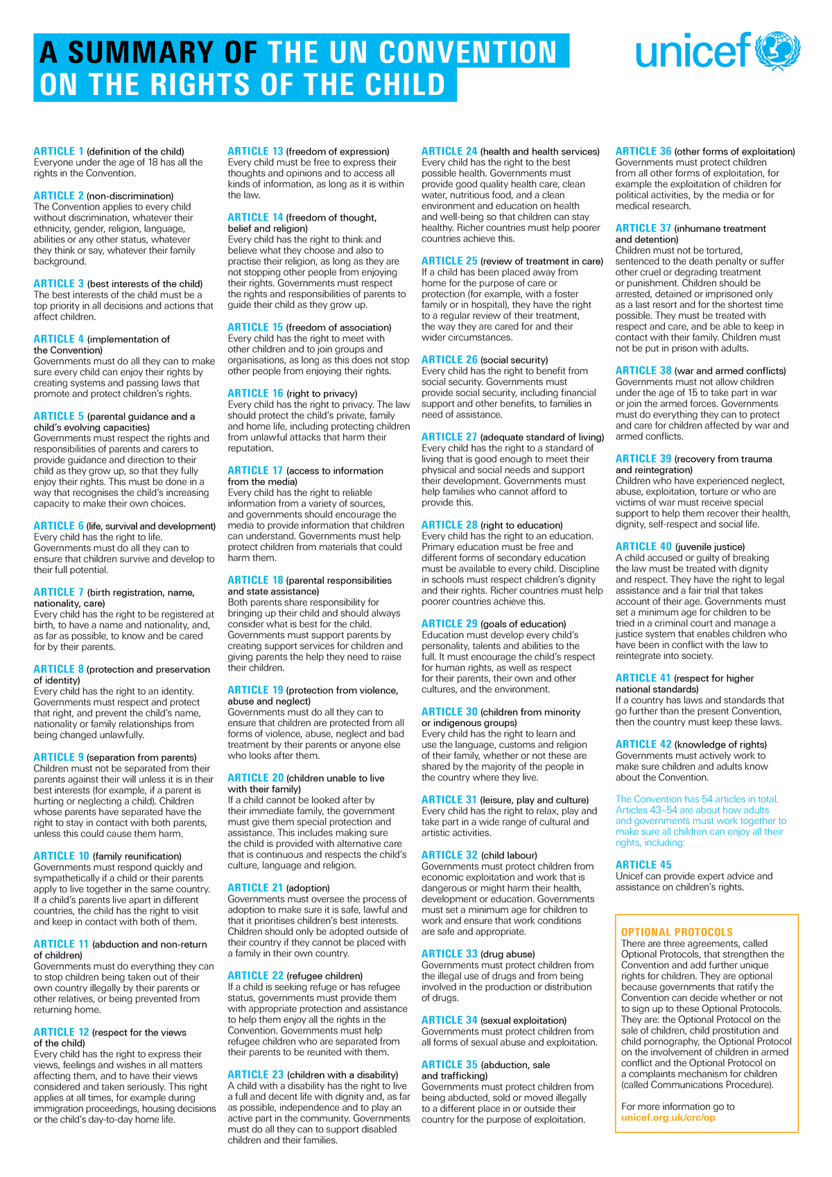Uncrc Summary UK A Summary Of The Un Convention On The Rights Of 