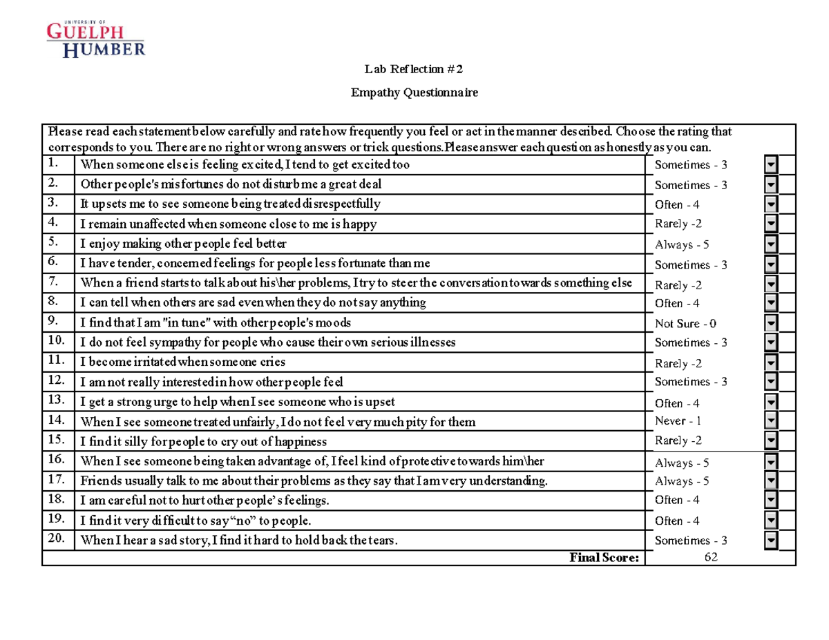 Lab Reflection 2 Empathy Fillable Lab Reflection 2 Empathy