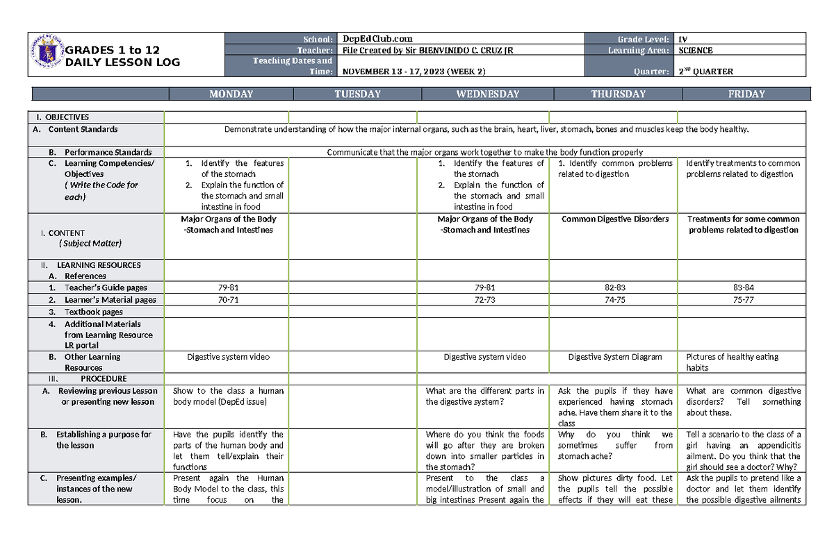 DLL Science 4 Q2 W2 - bzbxcbxbcxcb - GRADES 1 to 12 DAILY LESSON LOG ...