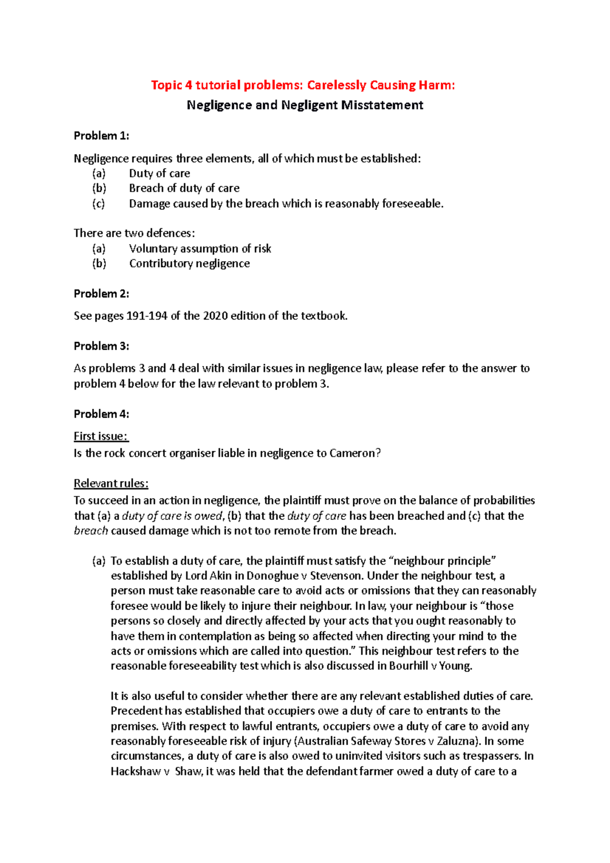 Week 4 In class Questions - Negligence - Topic 4 tutorial problems ...
