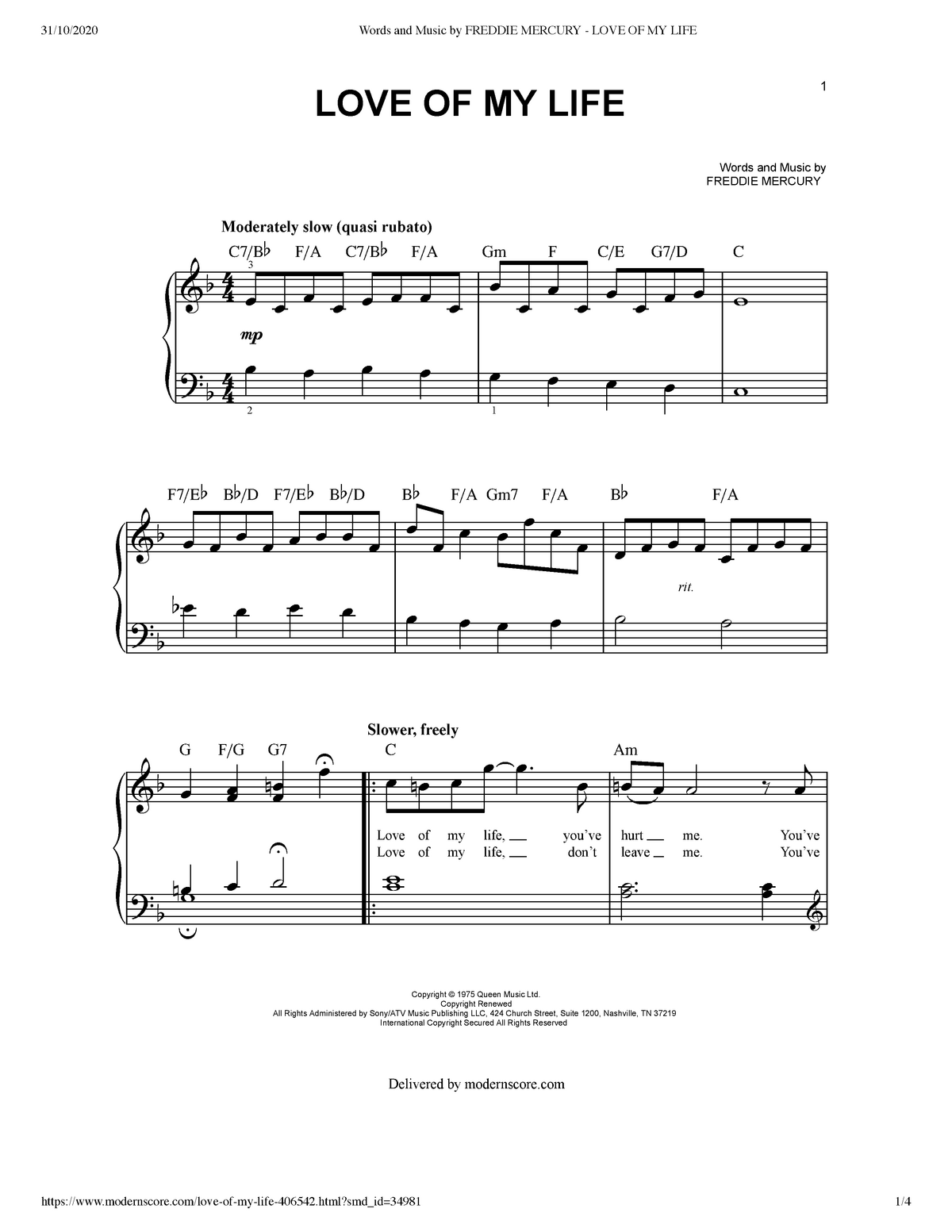 Spartito pianoforte Love Of My Life di Queen - Pianoforte - { { {  Moderately slow (quasi rubato) - Studocu