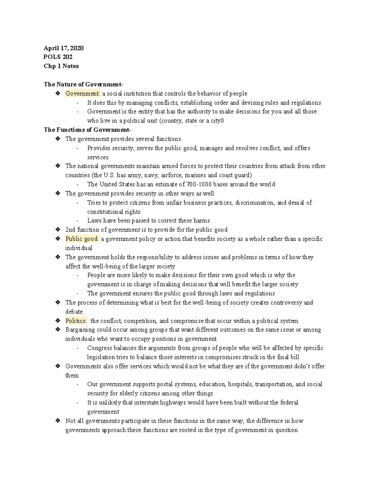 POLS 202 Chp 1 Notes - April 17, 2020 POLS 202 Chp 1 Notes The Nature ...