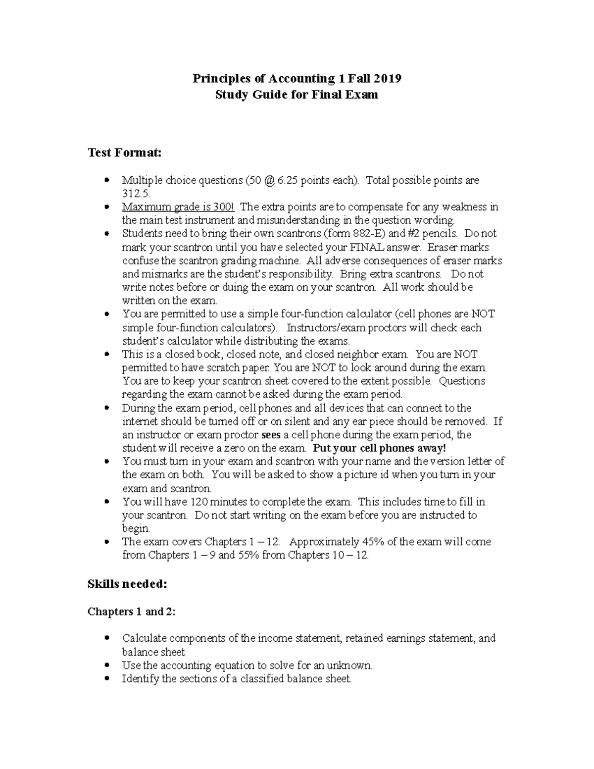 Study Guide Final Exam Fall 2019 - Principles of Accounting 1 Fall 2019 ...