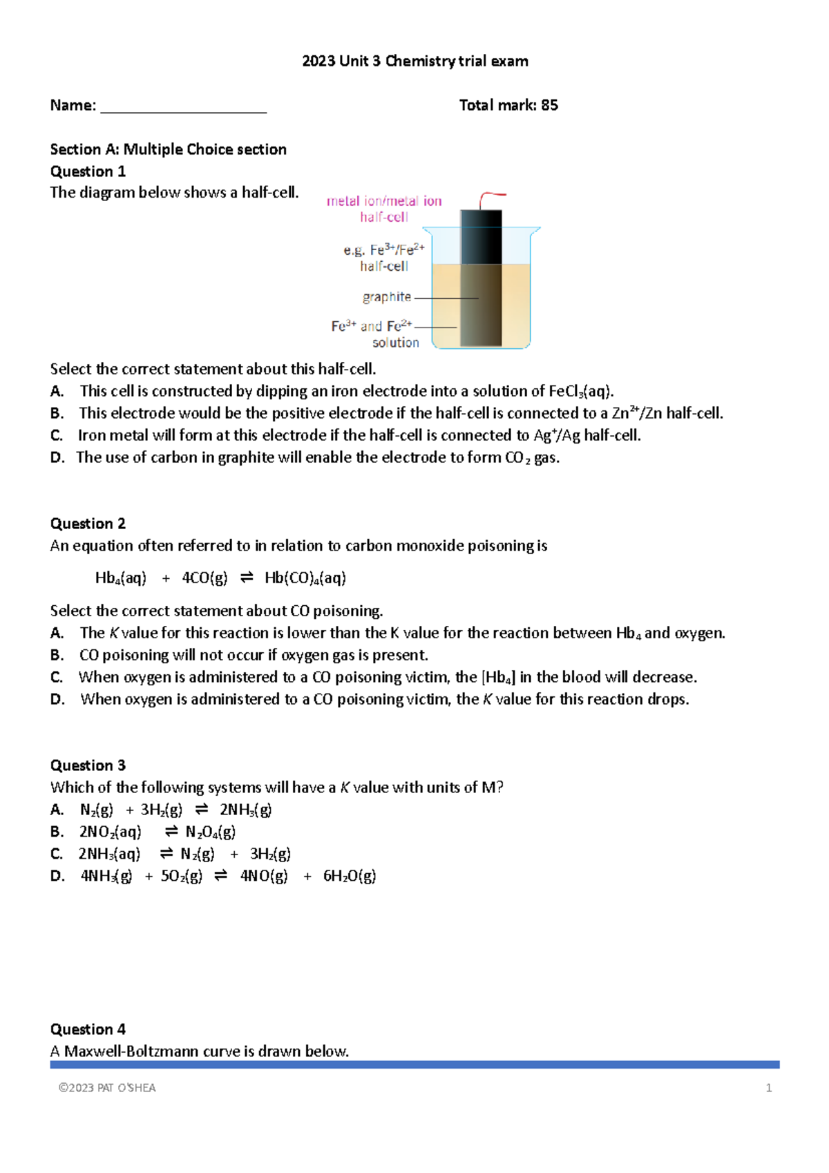 2023 unit 3 exam - chemistry sample unit 3 exam - 2023 Unit 3 Chemistry ...