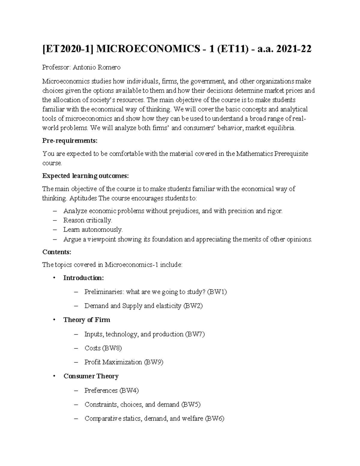 Microeconomics 2022 Syllabus - [ET2020-1] MICROECONOMICS - 1 (ET11) - A ...