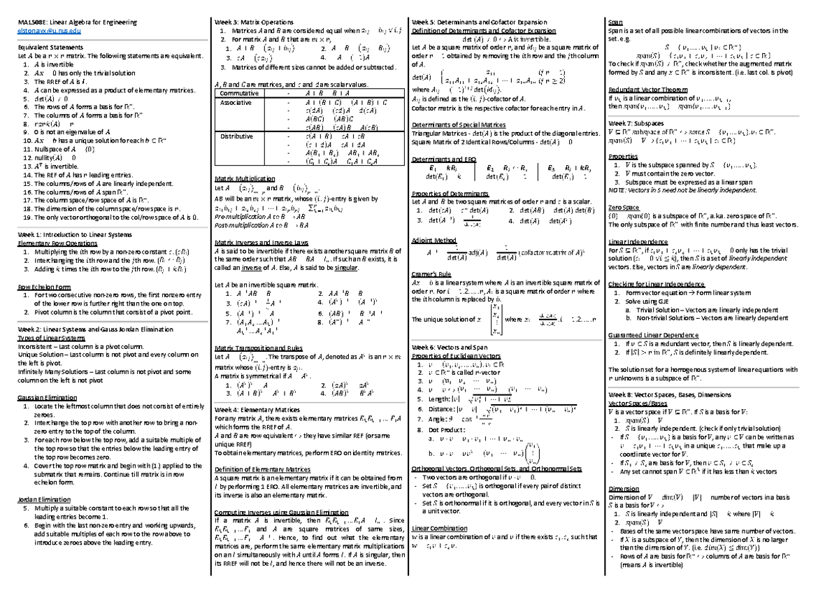 MA1508E FY Cheatsheet 1 - MA1508E: Linear Algebra for Engineering ...