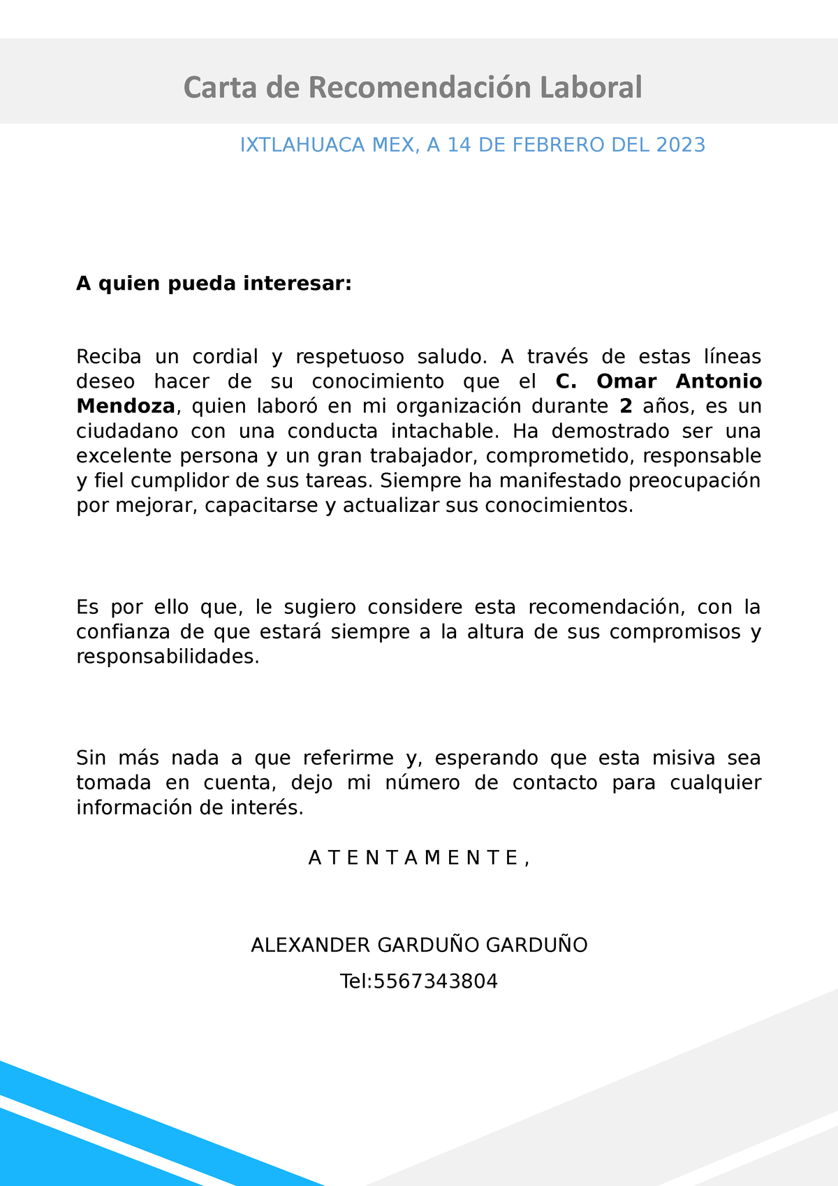 39 Modelo De Carta De Recomendacion Laboral Ixtlahuaca Mex A 14 De Febrero Del 2023 A Quien 2445