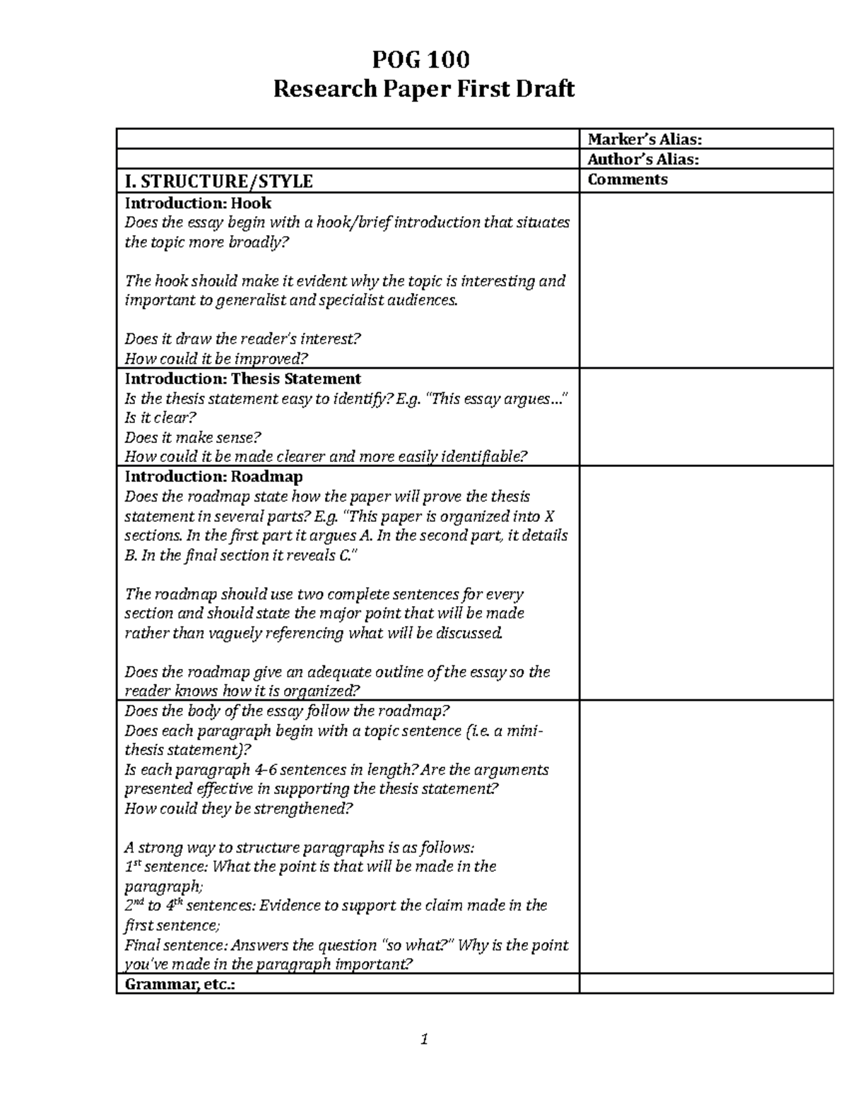 Research Paper First Draft Marking Template (w2018 ) - POG 100 Research ...