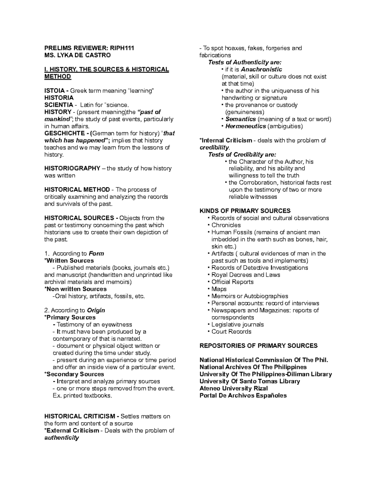 Prelims- Reviewer-RIPH111 - PRELIMS REVIEWER: RIPH MS. LYKA DE CASTRO I ...