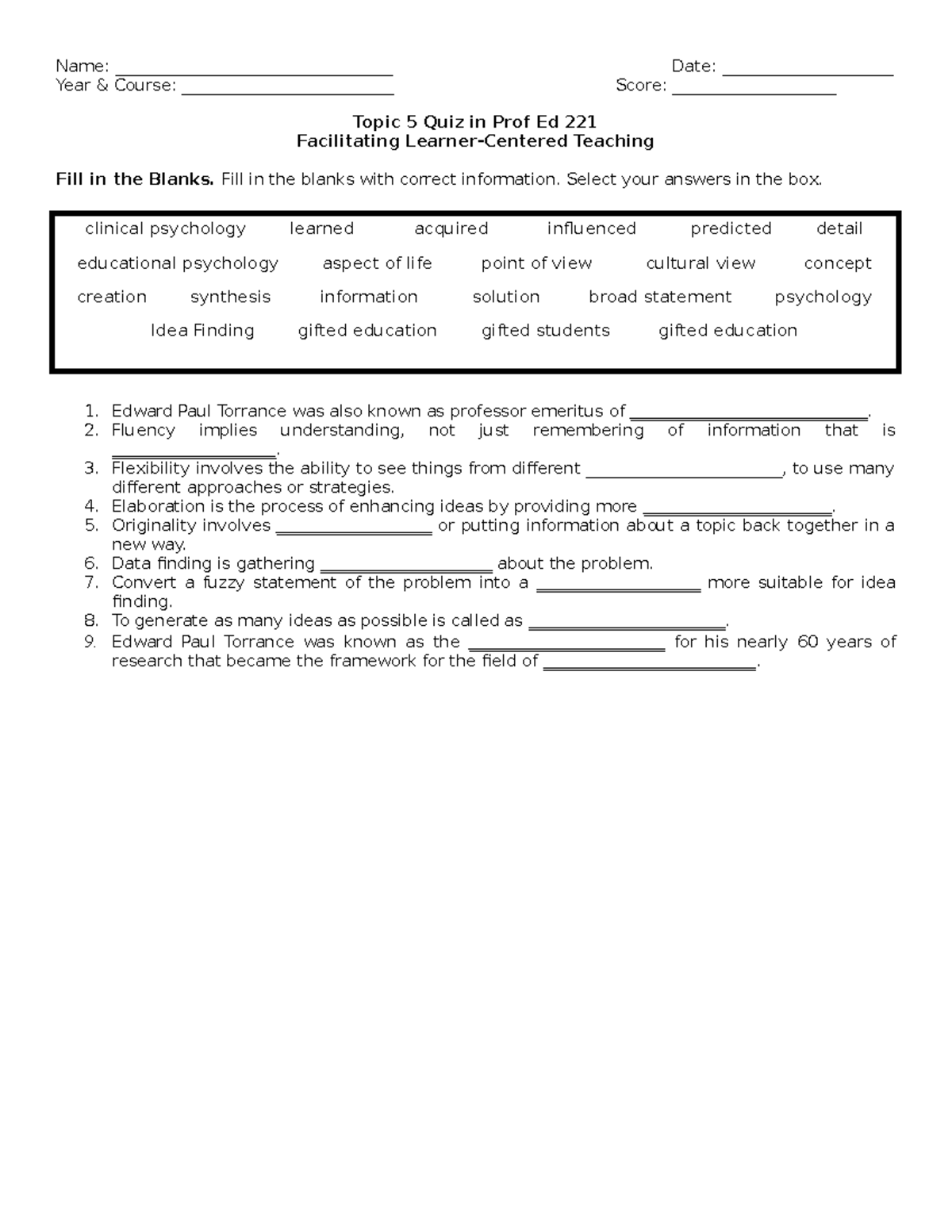 Quiz 5 - Test Questions - Name: __________________________________ Date ...