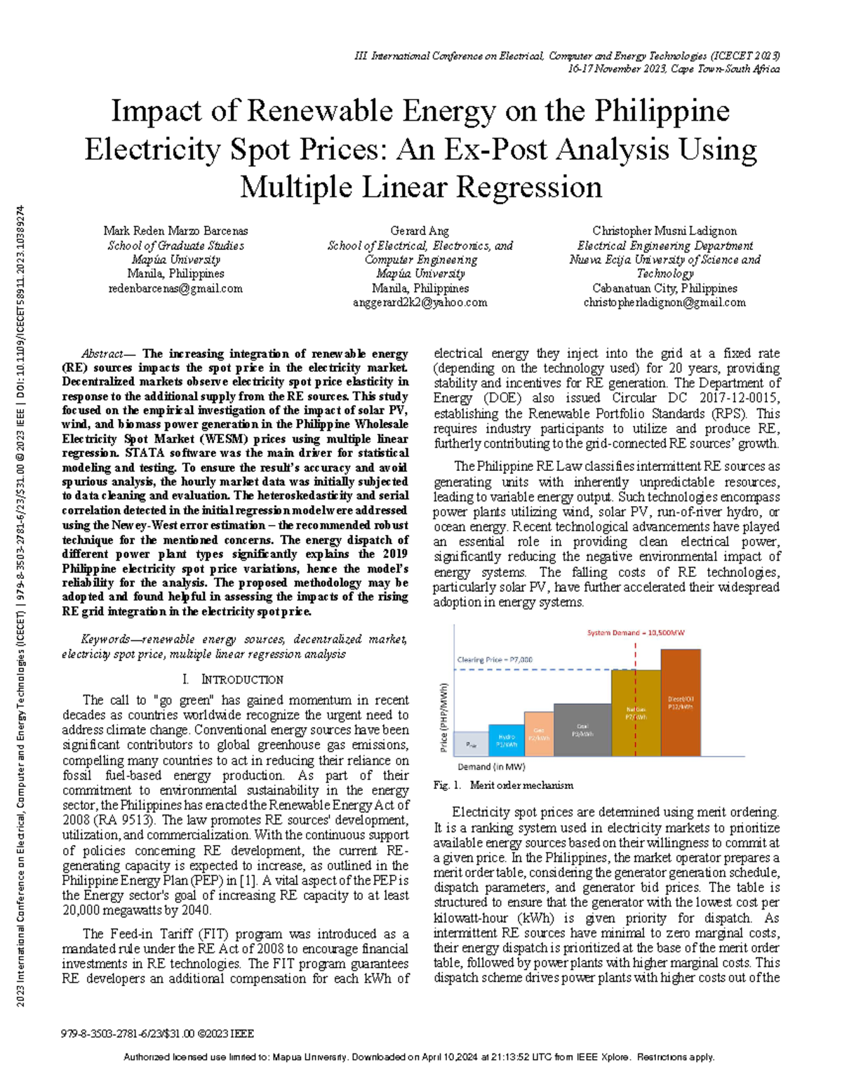 Impact of Renewable Energy on the Philippine Electricity Spot Prices An ...