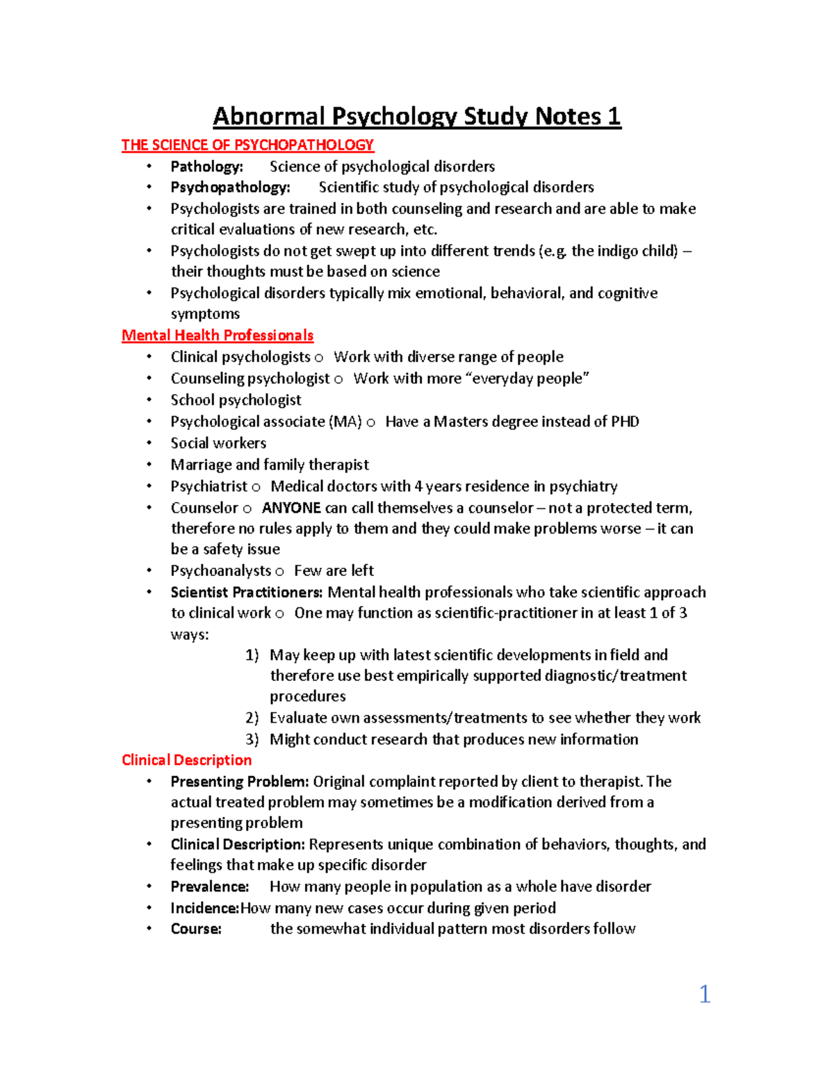 Abnormal Psychology Study Notes 1 - Psychologists do not get swept up ...