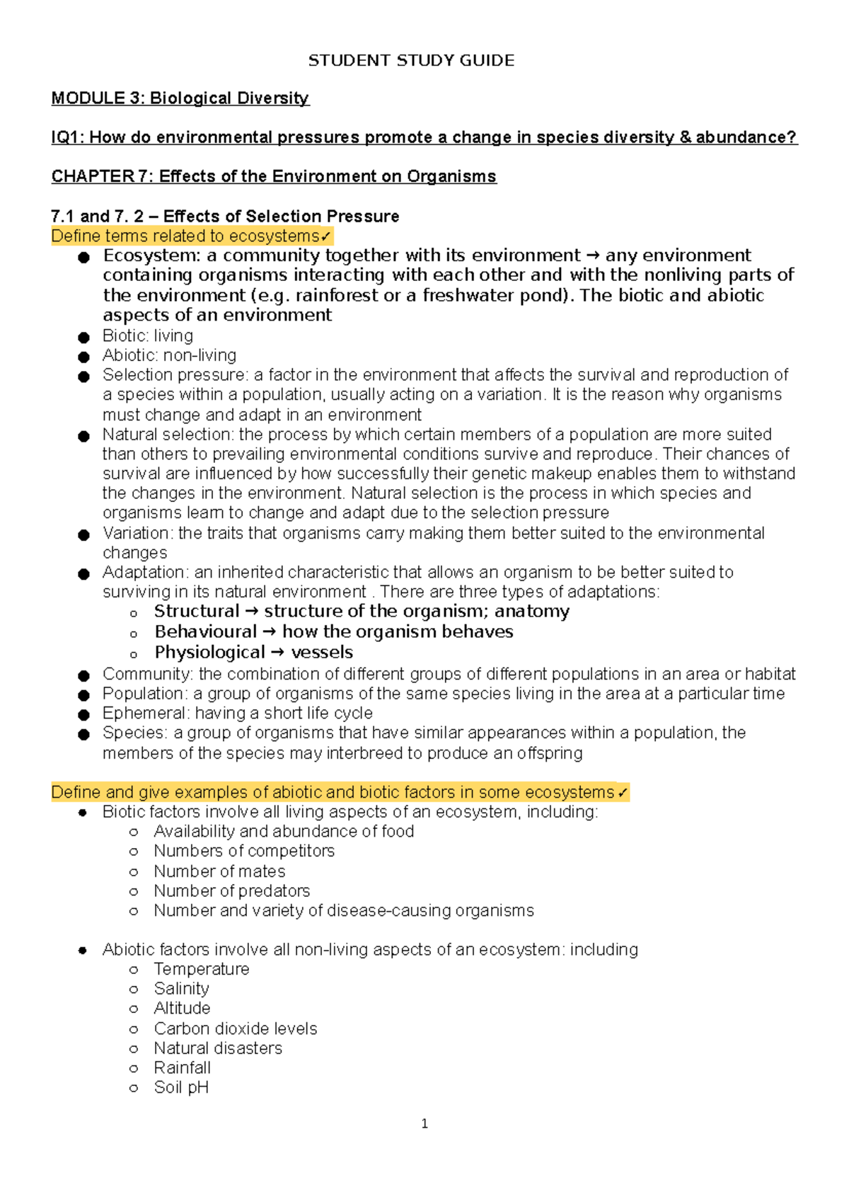 Preliminary Biology - Module 3 Notes - STUDENT STUDY GUIDE MODULE 3 ...