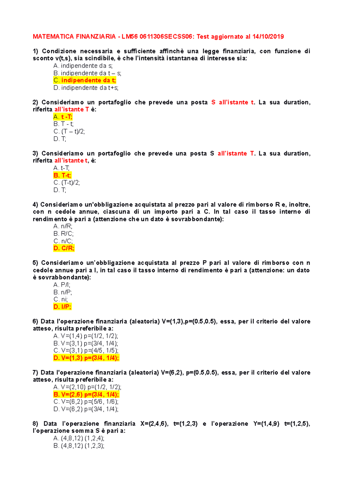 Matematica Finanziaria Test Finale Con Opzioni 1 Matematica Finanziaria Lm56 secss06 Test Aggiornato Al 14 10 Condizione Necessaria Sufficiente Affinch Studocu