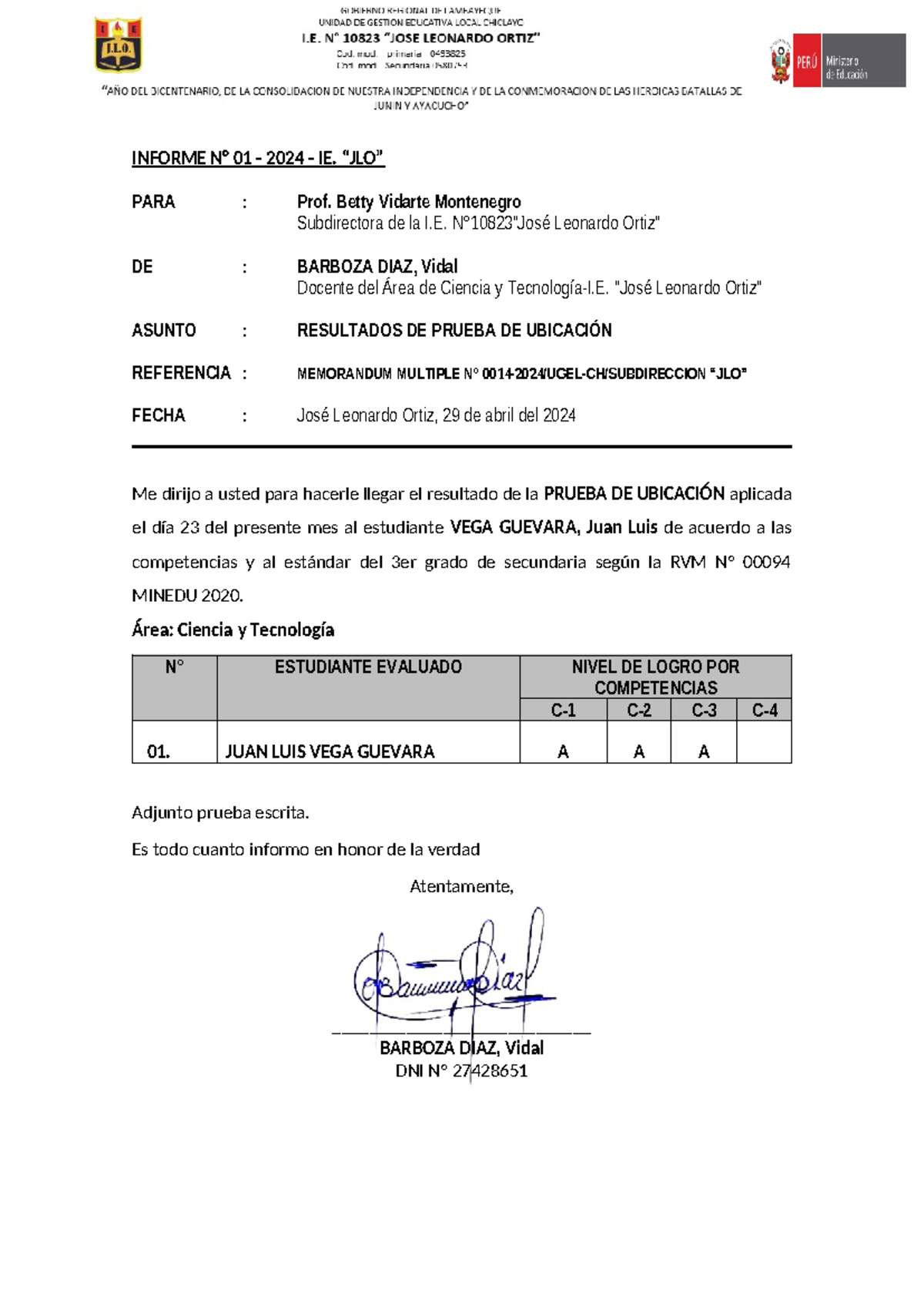 Modelo DE Informe DE Prueba DE Ubicación - INFORME N° 01 - 2024 - IE ...