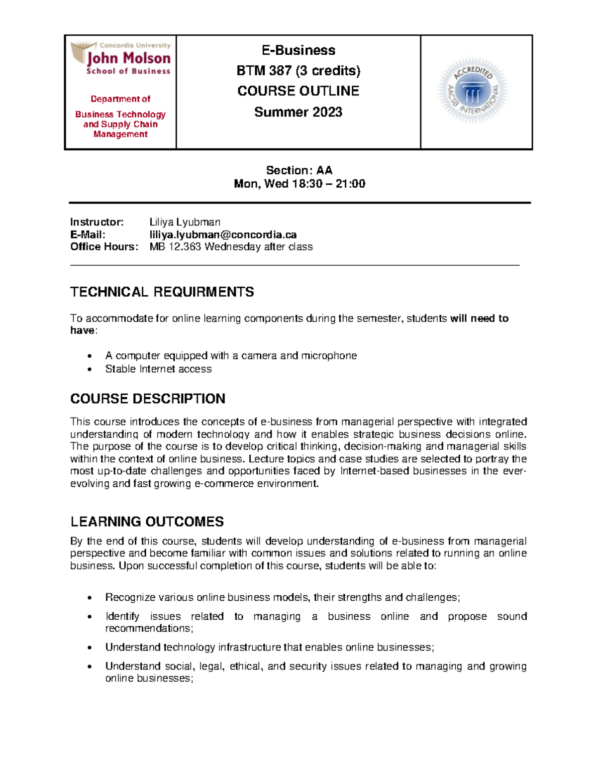 BTM 387 Summer 2023 Sec AA Course Outline - Department of Business ...