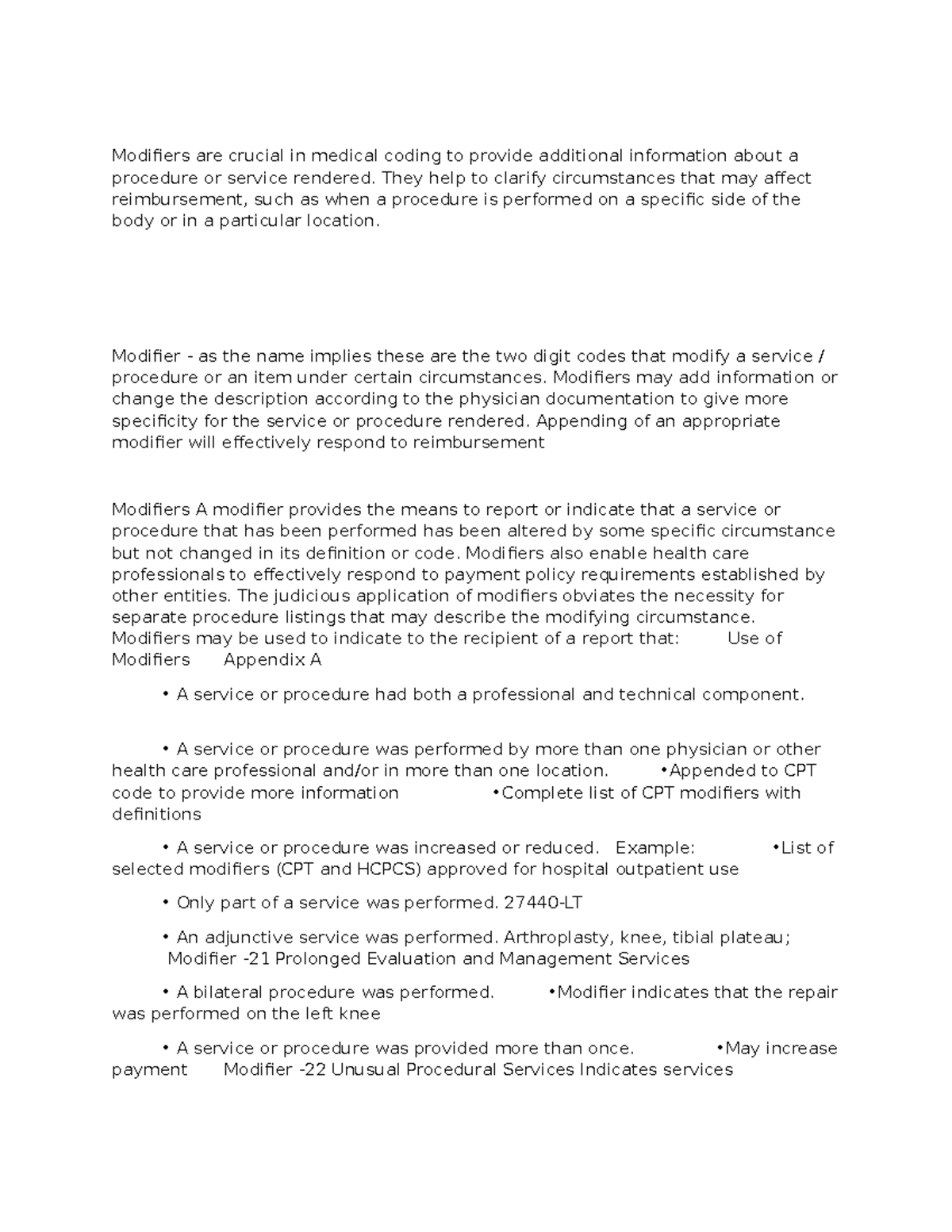 Modifier Summary Sheet - Modifiers are crucial in medical coding to ...