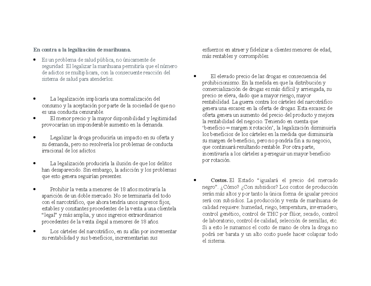 Argumentos en contra a la legalización de marihuana - En contra a la