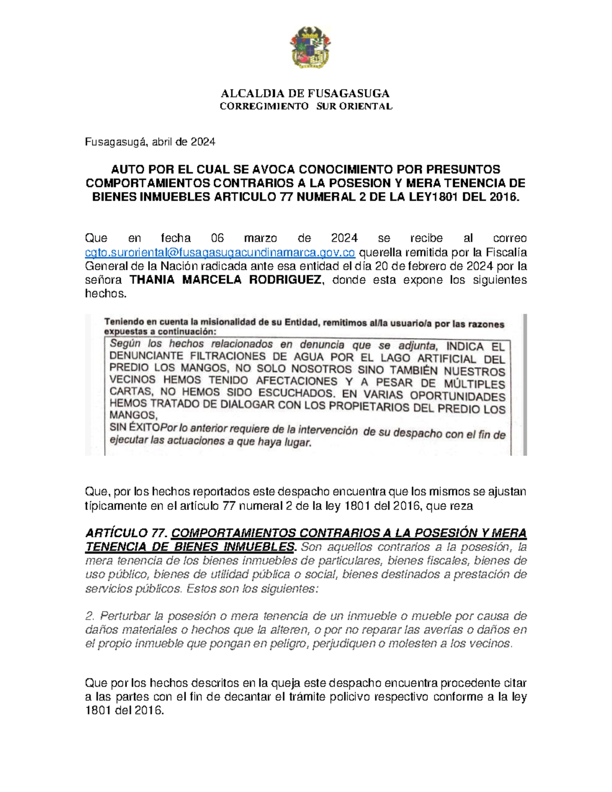 ART.77 AUTO Avoca Conocimiento ALCALDIA DE FUSAGASUGA CORREGIMIENTO