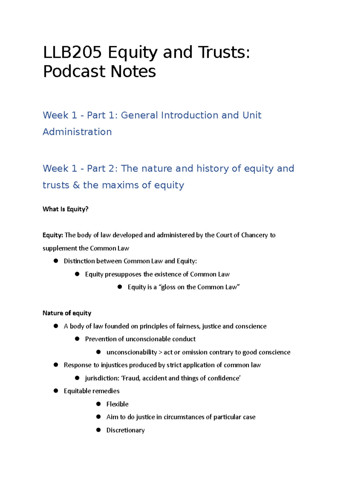 LLB205 Podcasts - Lecture notes 1-5 - LLB205 Equity and Trusts: Podcast ...