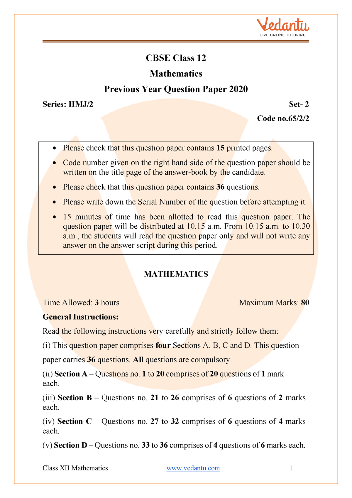 CBSE Class 12 Maths Question Paper 2020 - CBSE Class 12 Mathematics ...