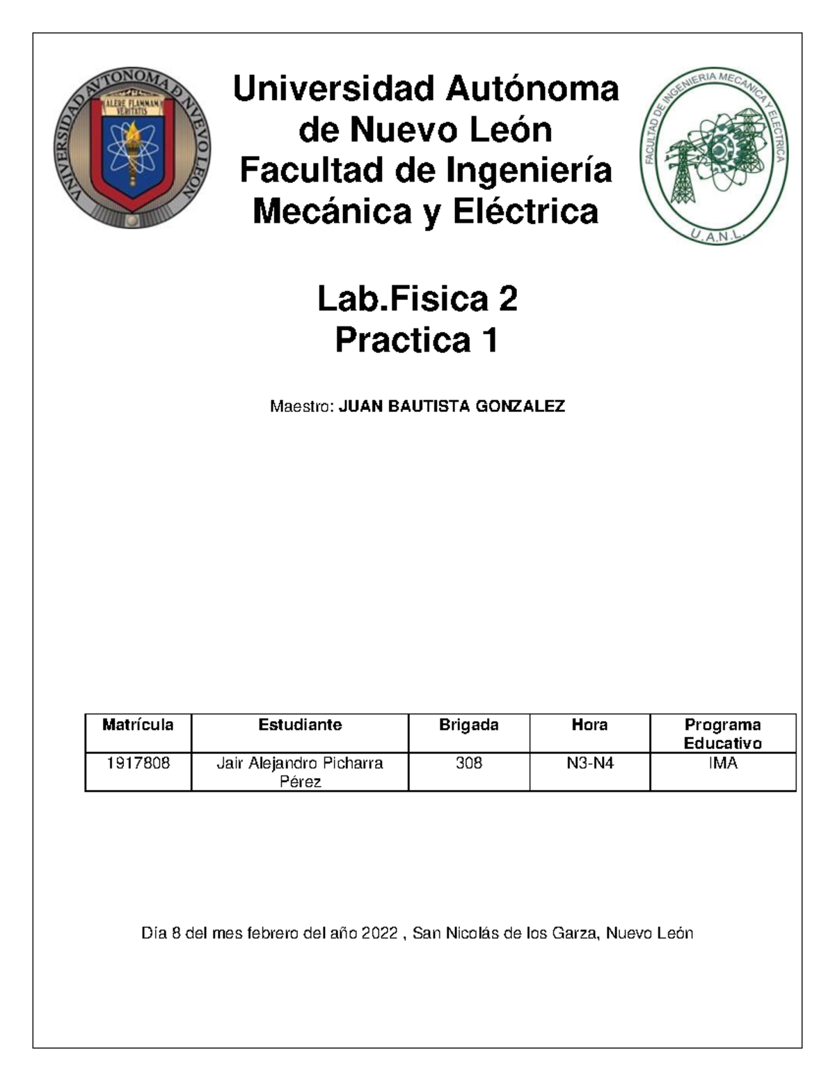 Practica 1 Laboratorio de fisica 2 universidad autonoma de nuevo leon ...