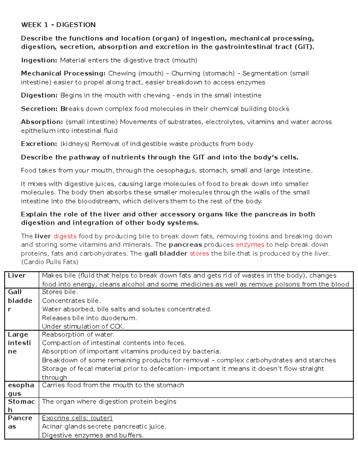 Finished Study Notes 11 - WEEK 1 – DIGESTION Describe the functions and ...