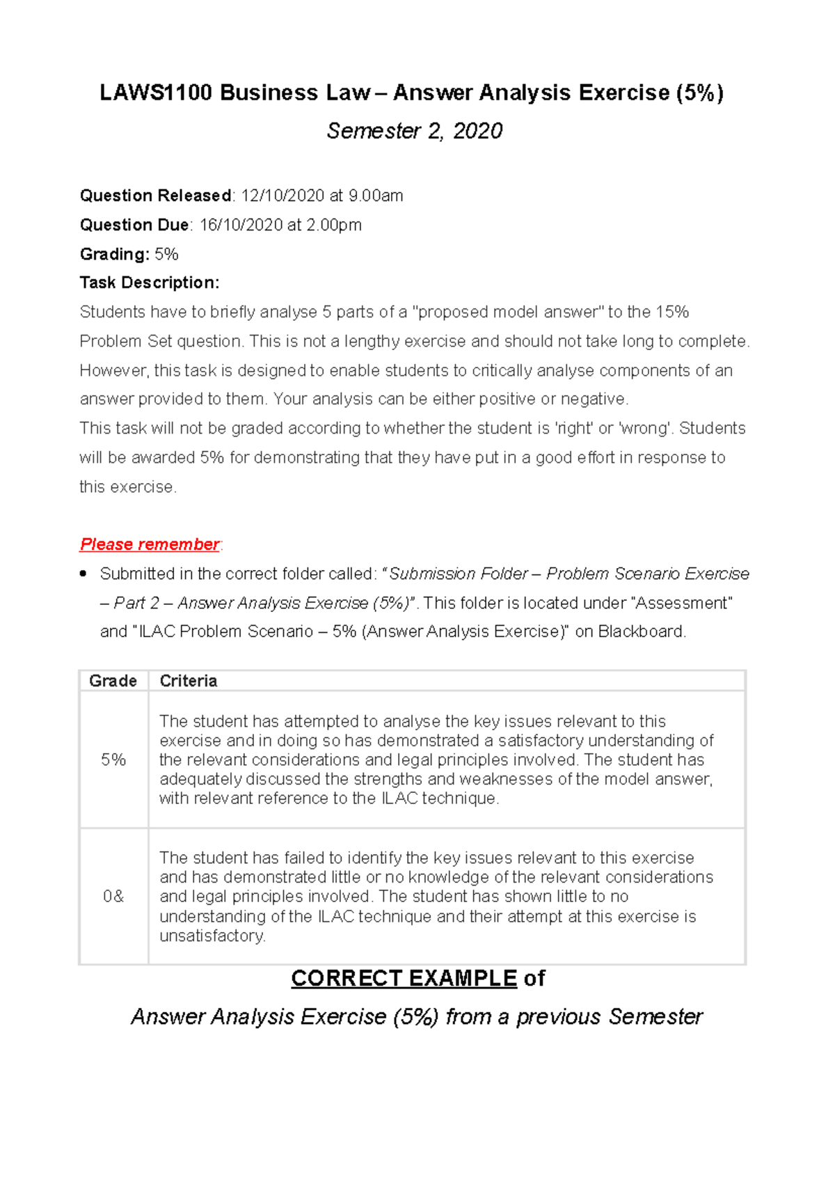 ILAC Problem Scenario (5%) - Sem 2 2020 - Answer Analysis - LAWS1100 ...