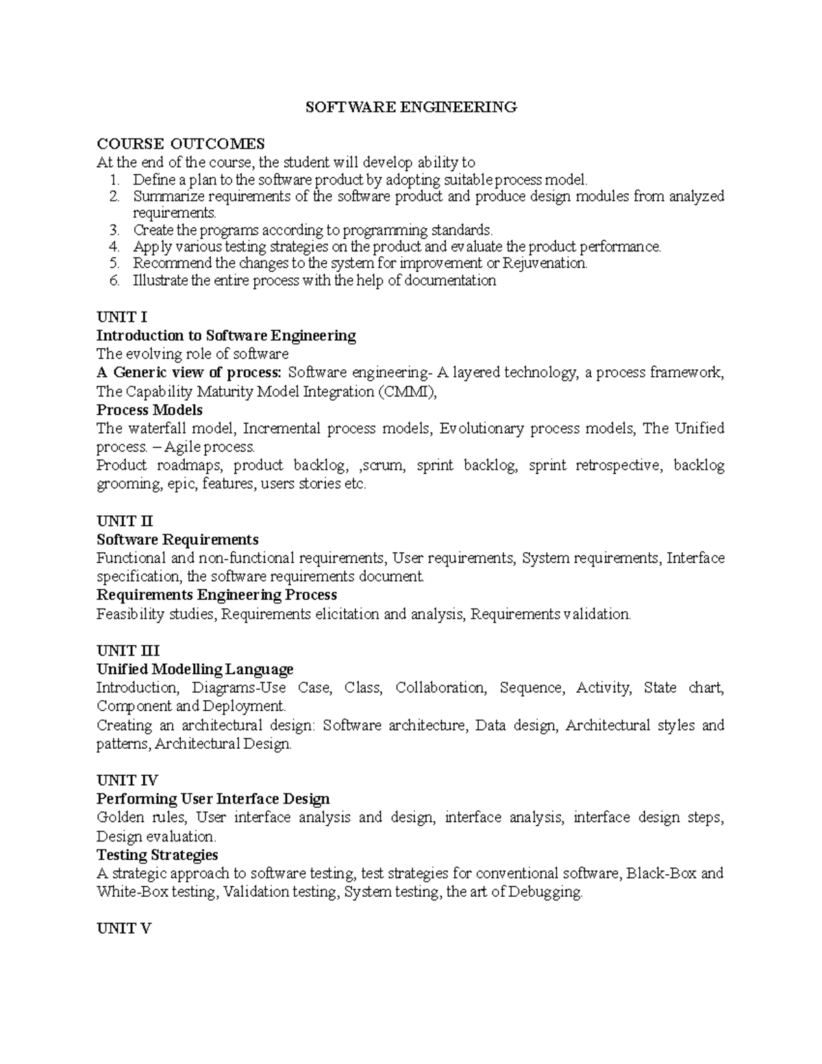 Software Engineering - SOFTWARE ENGINEERING COURSE OUTCOMES At the end ...