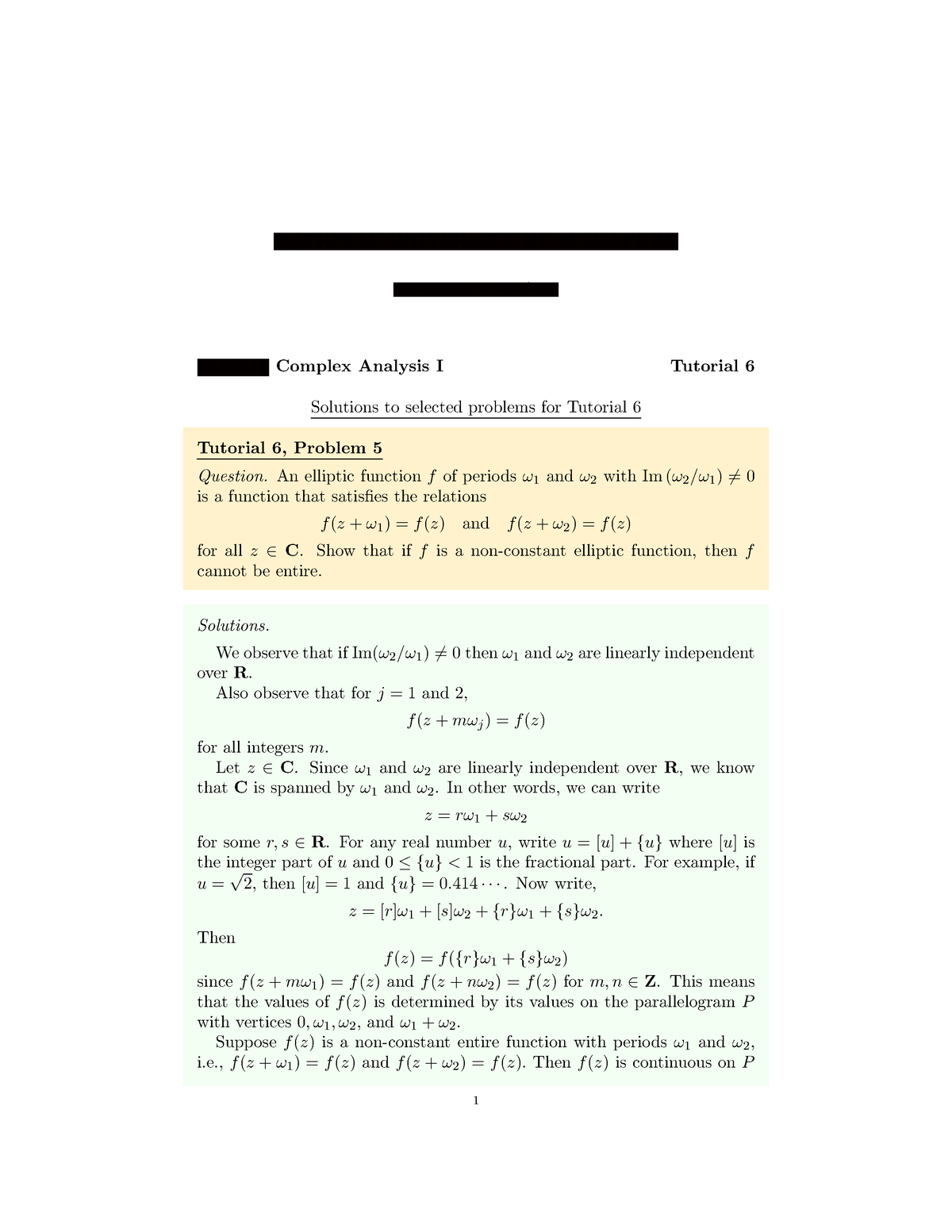 An Elliptic Function - NATIONAL UNIVERSITY OF SINGAPORE SEMESTER 2 ...