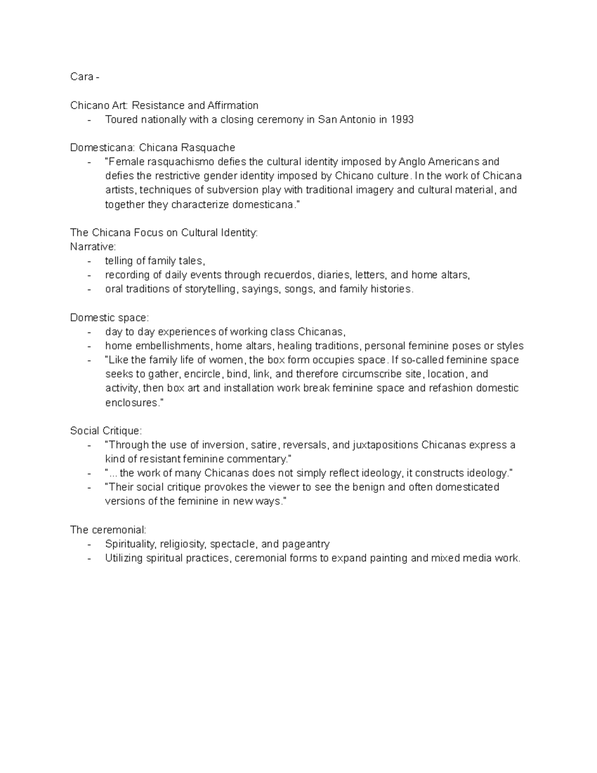 Week 9 Notes Professor DiazSanchez Cara Chicano Art Resistance