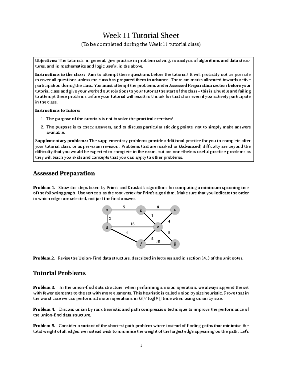 Week11-problems - Week 11 Tutorial Sheet (To Be Completed During The ...