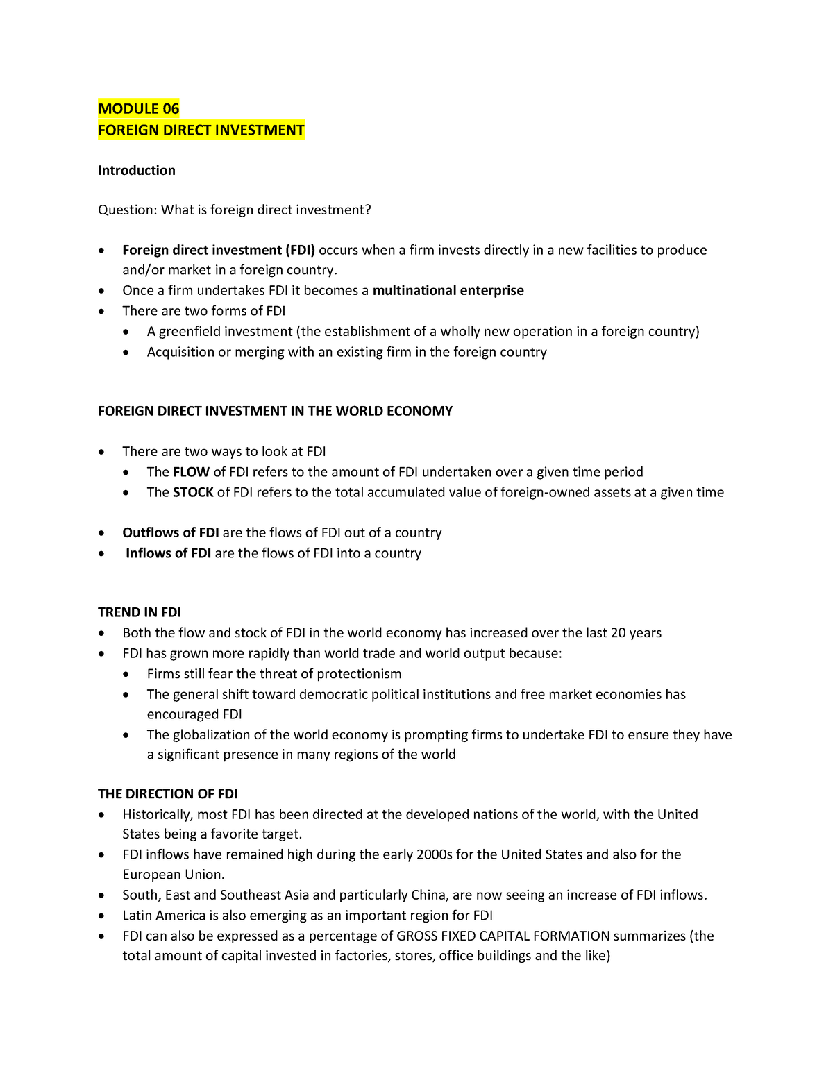 International Business and Trade - Module 06 - MODULE 06 FOREIGN DIRECT ...