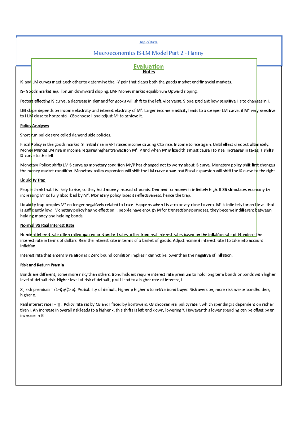Week 6 Is Lm Model Part 2 Topic Date Macroeconomics Is Lm Model Part