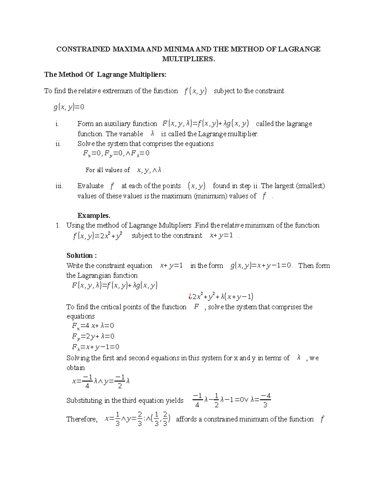 7 langrage - Lecture notes 7 - CONSTRAINED MAXIMA AND MINIMA AND THE ...