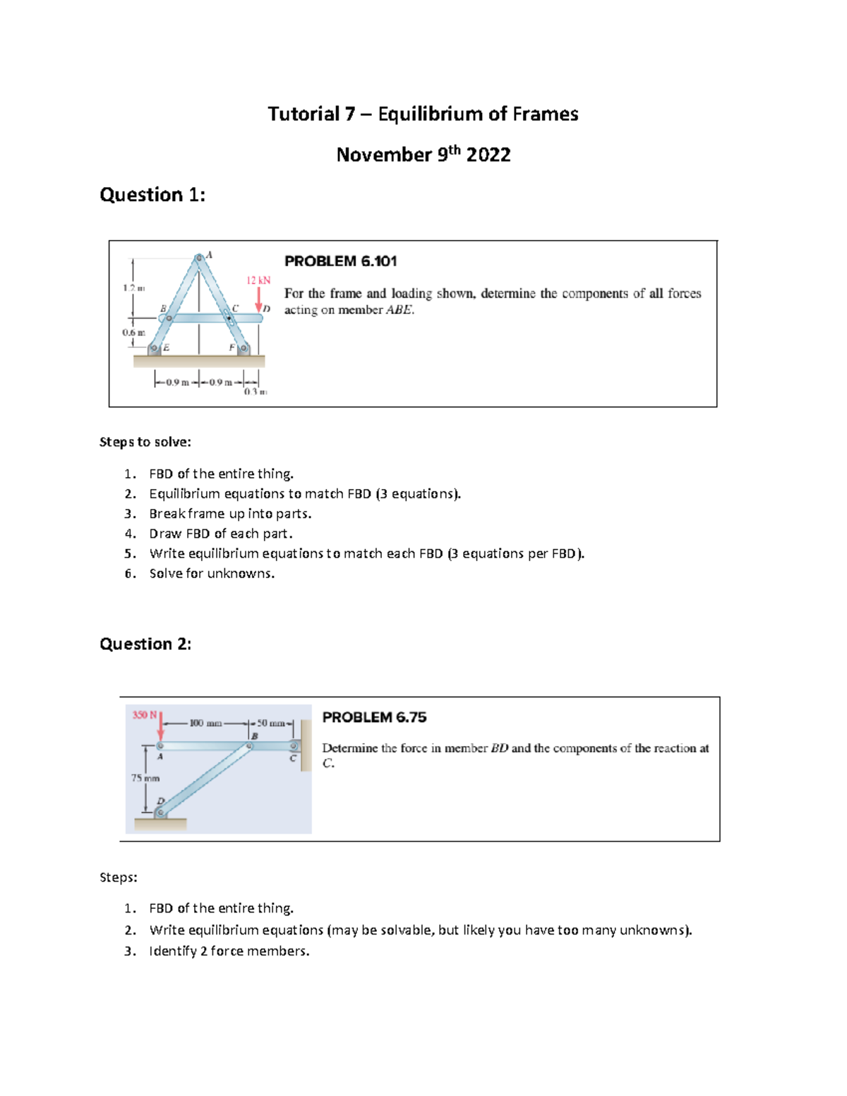 Tutorial 7 - Equilibrium of Frames - Tutorial 7 – Equilibrium of Frames ...