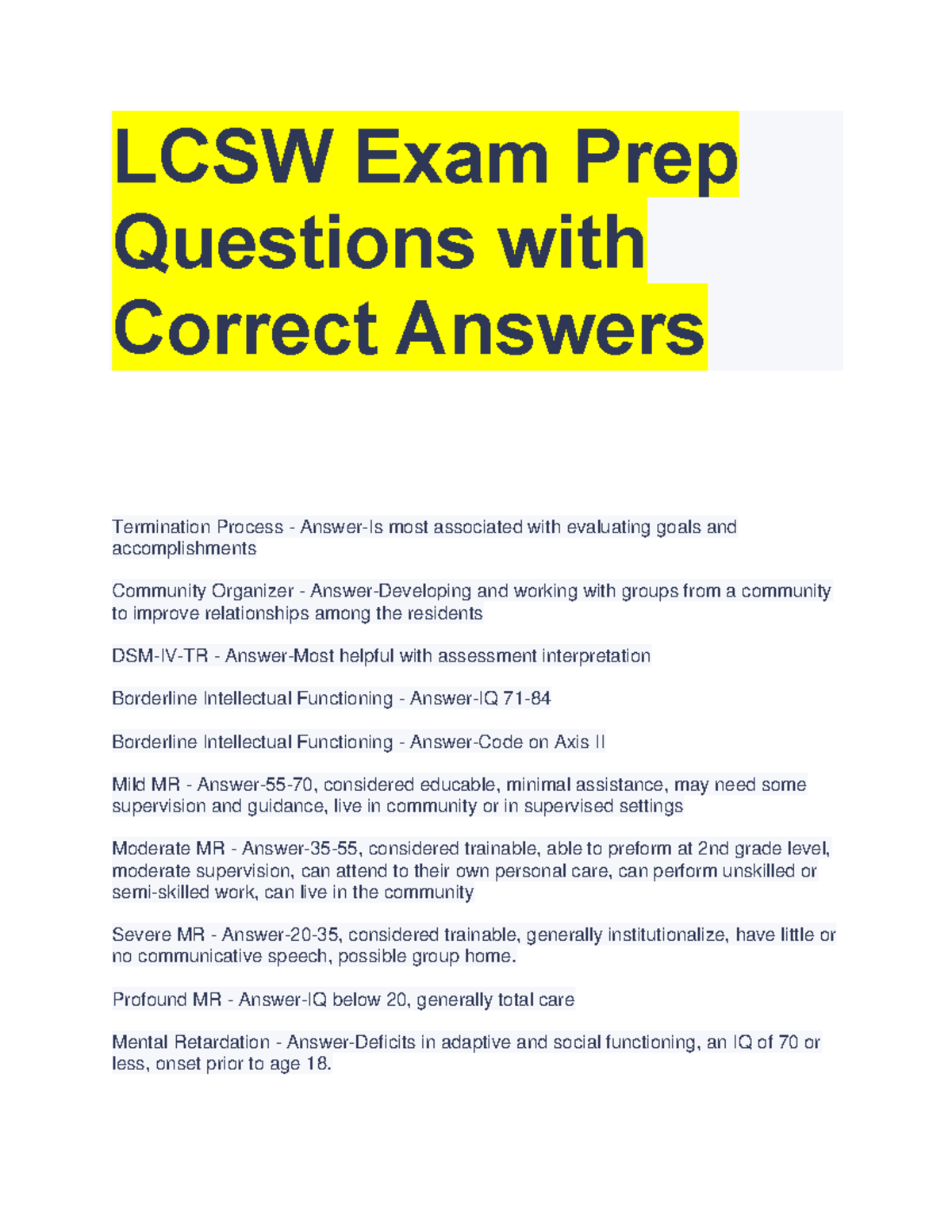 LCSW Exam Prep Questions with Correct Answers - LCSW Exam Prep ...