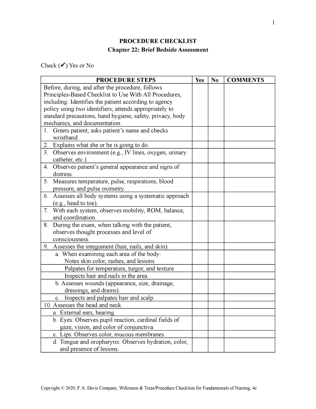 skills checklist bedside - 1 PROCEDURE CHECKLIST Chapter 22: Brief ...