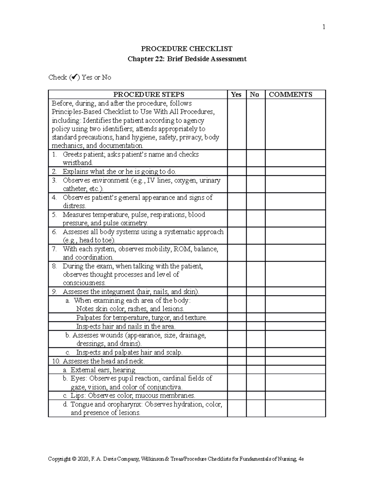 skills checklist bedside - 1 PROCEDURE CHECKLIST Chapter 22: Brief ...