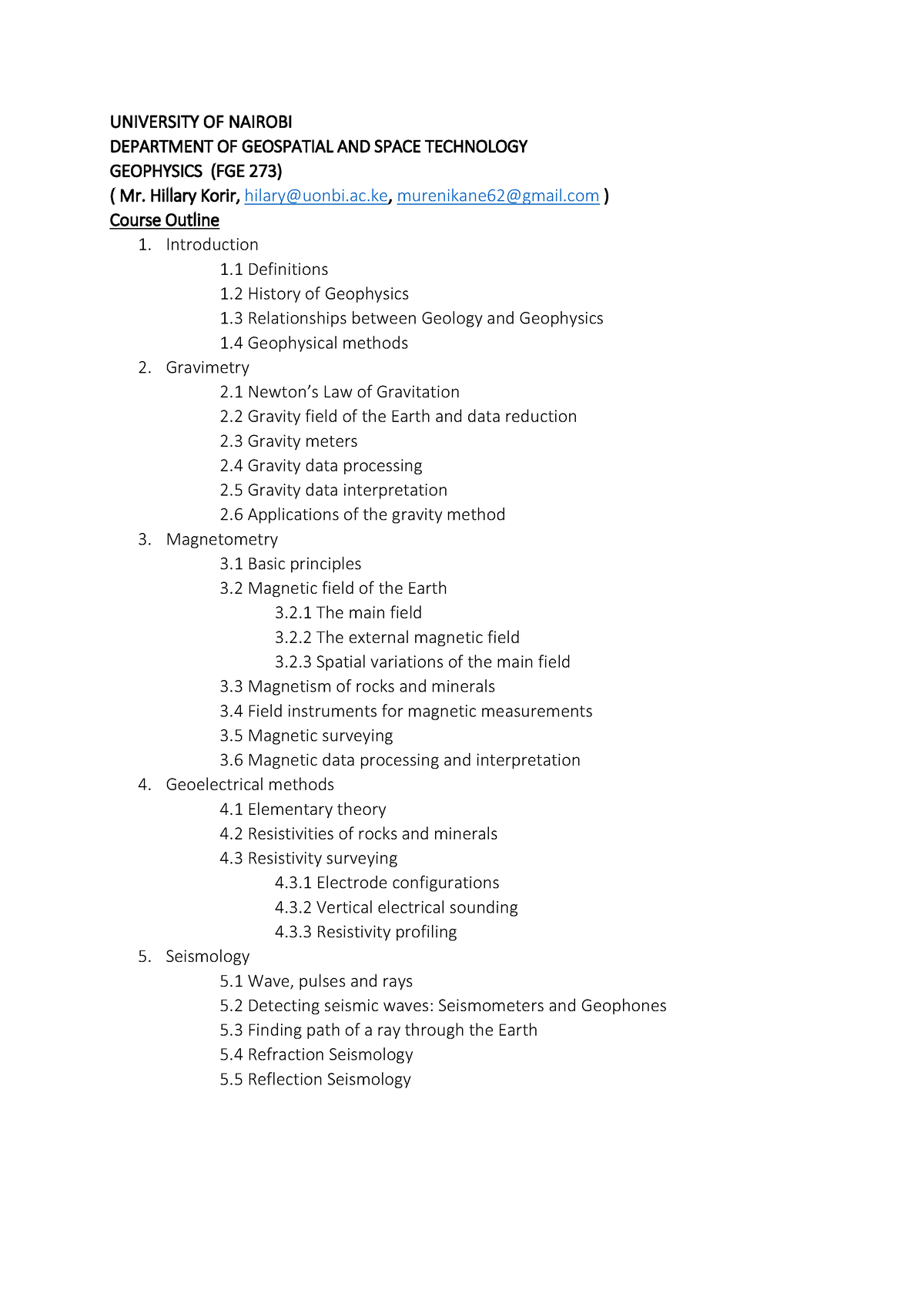 Geophysics Lecture Notes (FGE 273) - UNIVERSITY OF NAIROBI DEPARTMENT ...